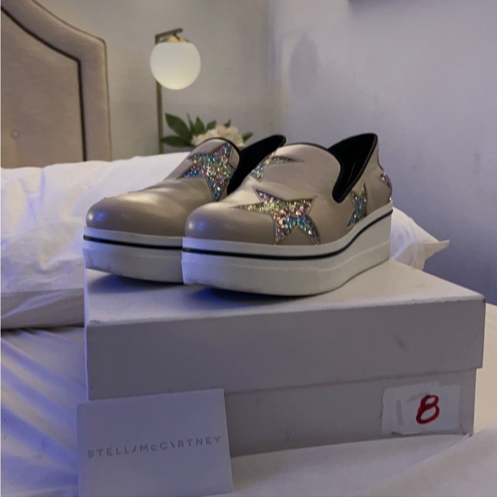 Stella McCartney Binx Slip On Platforms 38 Euro/8 US Khaki w/ 🌈 Sparkle Stars - Picture 8 of 11